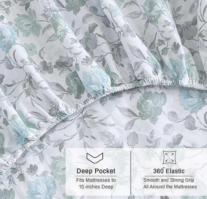 RUVANTI 100% Organic Cotton Sheets King Size, Percale Weave, GOTS Certified, 4-Piece Set, Deep Pocket 15", Crisp & Breathable, Soft Durable Bedding, Sábanas Algodón Orgánico – Cold Chrysanthemum