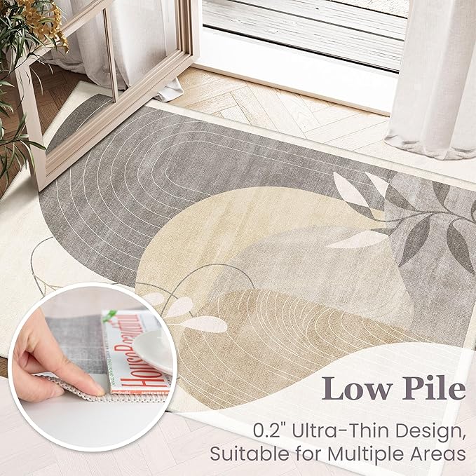 MUJOO 2x3 Washable Rug Small Area Rugs for Entryway Kitchen Bedroom,Boho Non Slip Throw Carpet for Bathroom Entrance Door Mat Mid Century Modern Abstract Botanical Geometric Accent Neutral Beige