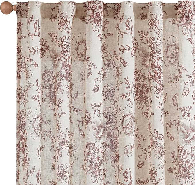 jinchan Linen Blend Curtain Floral Curtains for Living Room 84 Inch Length Christmas Brick Red Printed Curtain Rod Pocket Back Tab Farmhouse Peony Flower Patterned Drapes Curtains Set 2 Panels