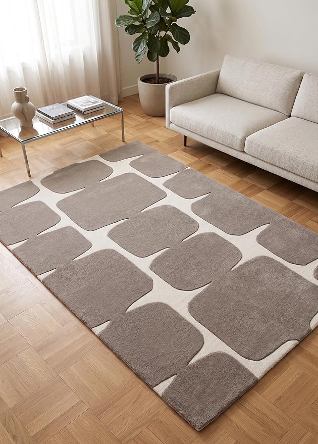 Restoration and Renovation Modern Wool Area Rug - Contemporary Abstract Geometric Design, Thick & Soft Hand-Tufted Carpet - Ideal for Indoor Decor in Living Room, Bedroom (Taupe, 9' x 12')