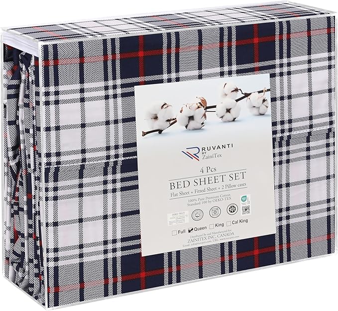 RUVANTI 100% Cotton Sheets Queen Size Set, 4 Pieces, Soft & Breathable Percale Weave Bedding, Deep Pocket 16", Hotel Standard, Crisp Cool Feeling, Durable, Perfect Floral Bed Sheet, Prussian