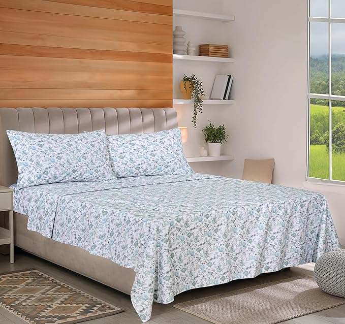 RUVANTI 100% Organic Cotton Sheets Twin Size, Percale Weave, GOTS Certified, 3-Piece Set, Deep Pocket 15", Crisp & Breathable, Soft Durable Bedding, Sábanas Algodón Orgánico – Cold Chrysanthemum