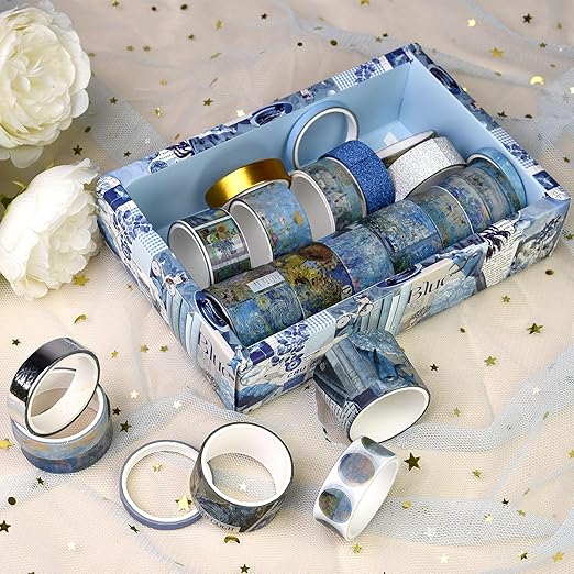 Sifaolp Washi Tape Set, 24 Rolls Vintage Washi Stickers, Assorted Sizes, for Junk Journal Scrapbook Tape, Bullet Journaling Scrapbooking Supplies, Planner Sticker DIY Craft DéCor (Blue)