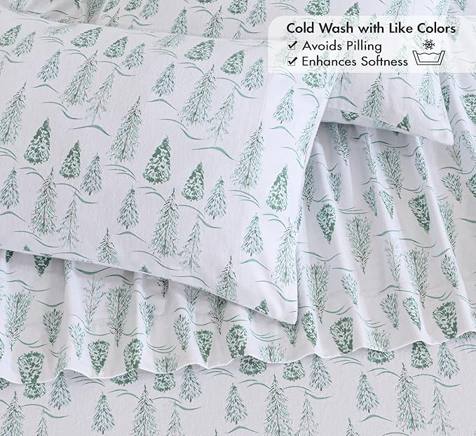 RUVANTI Flannel Sheets Queen Size - 100% Cotton Double Brushed Bed Sheets, Deep Pockets 16 Inches Queen Sheet Set, All Seasons Breathable & Extra Soft - Warm & Cozy, 4 Piece, Alpine Serenity