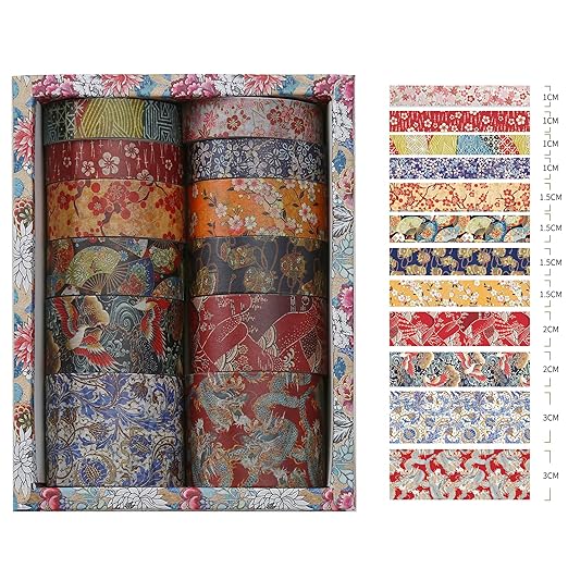 Songdao 12 Rolls Kyoto Charm Washi Tape Set Japanese Arts Adhesive Tapes Geometric Garden Decorative Masking Tape Sets for Craft, Kids, Scrapbook, DIY, Gift Wrapping (Floral Bird)