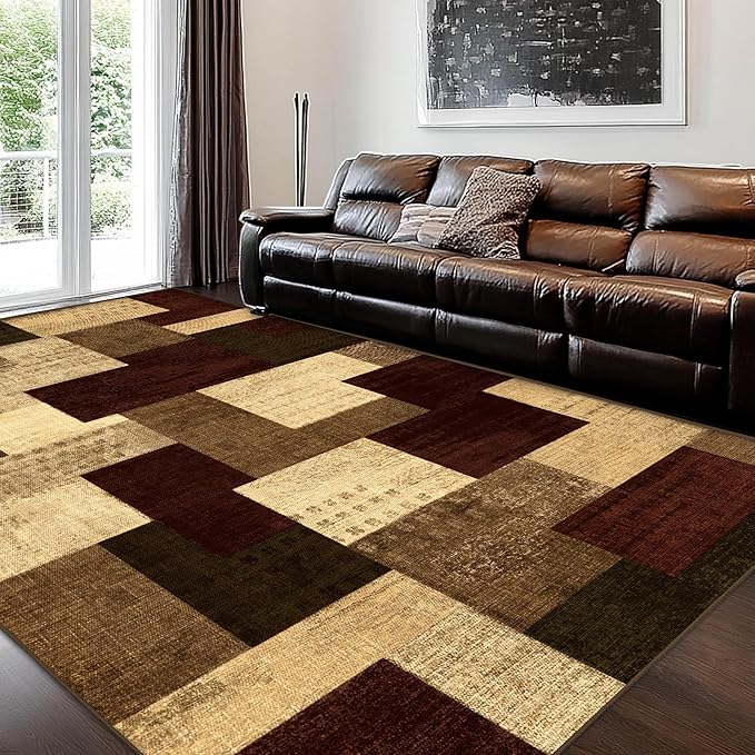 Modern Geometric Patchwork Indoor Area Rug for Living Room, Red 8x10 Large Rug Rockwood Collection Hardwood Floors Decor for Bedroom, Burgundy Throw Carpet for Office Entryway Dining Room