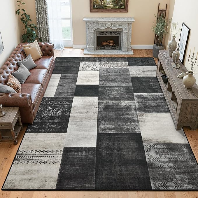 Tepook 5x7 Area Rugs for Living Room, Modern Large Geometric Rug for Bedroom, Washable Patchwork Rug Indoor Non Slip Throw Carpets for Dining Room Office Farmhouse Home Decor, Black and White