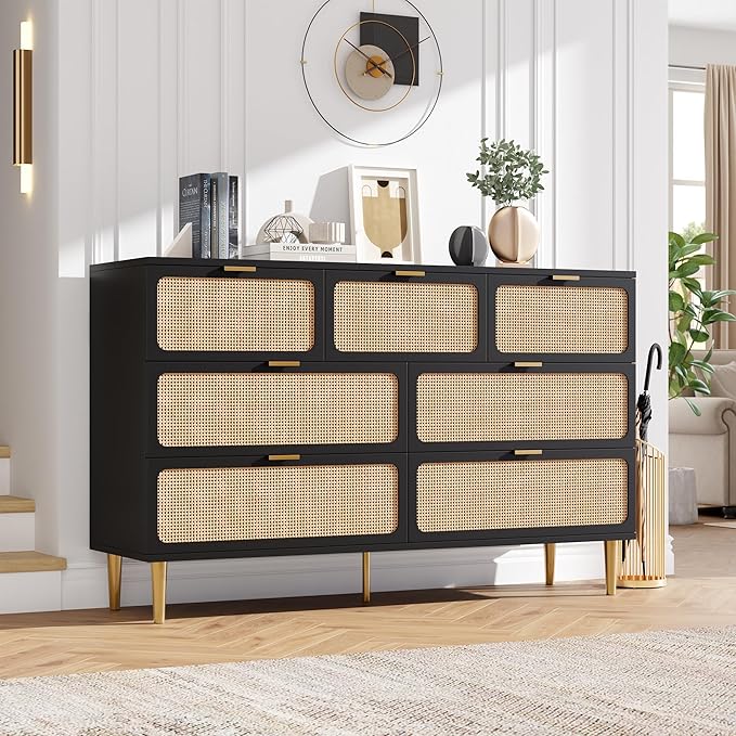 Garvee Rattan Dresser with 7 Drawers, Tall Modern Closet with Deep Storage, Large Chest of Drawers with Wide Top, Long Wooden Dresser for Bedroom, Living Room, Hallway, Kids Room, Black