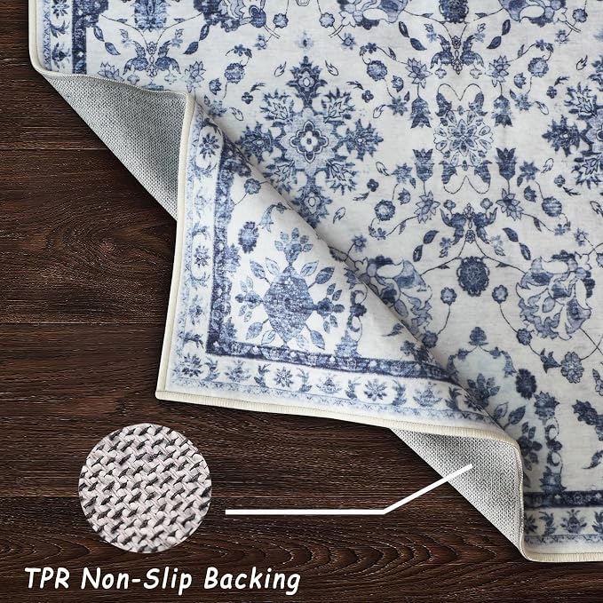 vivorug Runner Rug 2'x7' Vintage Washable Non-Slip Runners for Hallways Kitchen Entryway Laundry Room Carpet Hallway Runner Ivory/Blue