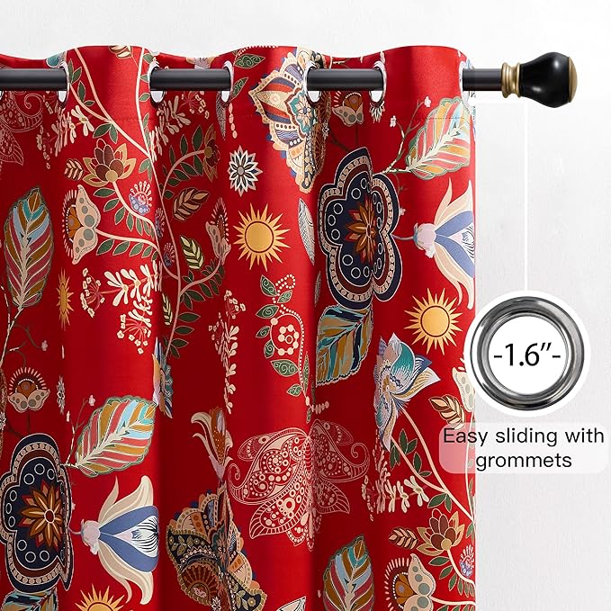 XiDi Christmas Red Floral Curtains 84 Inches Long 2 Panels 100% Blackout Vintage Leaf Patterned Curtains for Living Room Bedroom Thermal Insulated Room Darkening Luxury Colorful Drapes Grommet 52x84