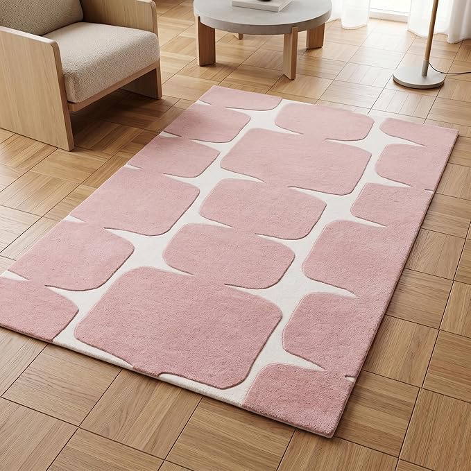 Restoration and Renovation Modern Wool Area Rug - Contemporary Abstract Geometric Design, Thick & Soft Hand-Tufted Carpet - Ideal for Indoor Decor in Living Room, Bedroom (Pink, 9' x 12')