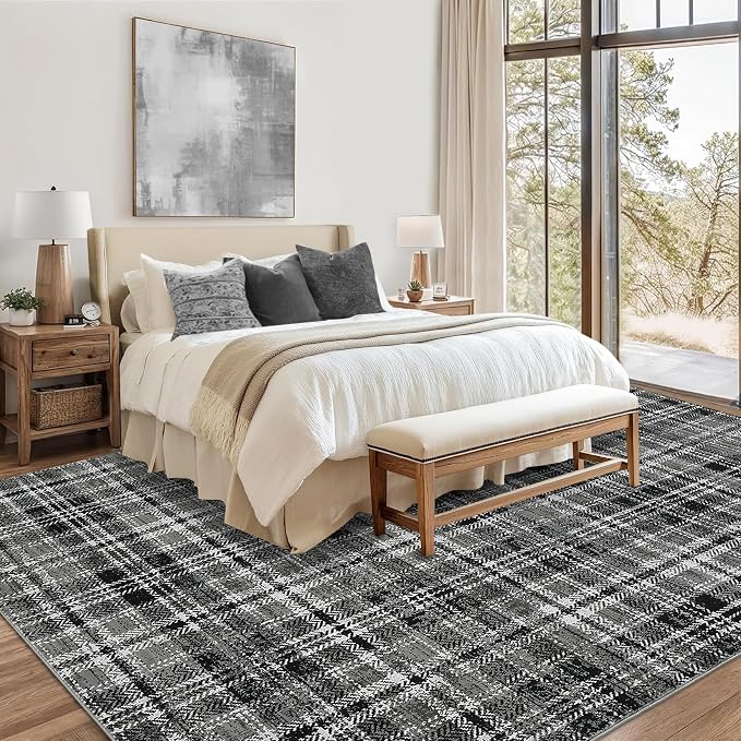 Washable Area Rug 6x9 Rugs for Living Room Soft Bedroom Rug Modern Plaid Black Rug Non Slip Throw Rugs Non Shedding Stain Resistant Carpet for Nursery Dining Room Office 6'x9' Black/Grey