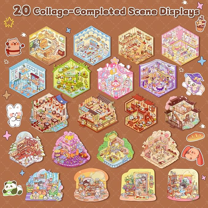 ASTARON 20 Sets DIY 3D Sticker Scene Book Sticker Therapy for Adults, Make Your Own Mini Cozy Shop House Room Stickers Cute Cartoon Miniature Stickers for Girls, Relief Stress Pass The Time