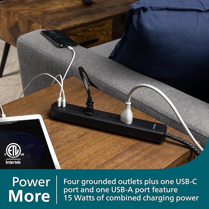Philips 4-Outlet Surge Protector, 4ft Braided Cord, 1-USB-C, 1-USB-A, Extension Cord, Power Strip, for Home, School, or Office, 15W, 450J, Black, SPP3393B/37