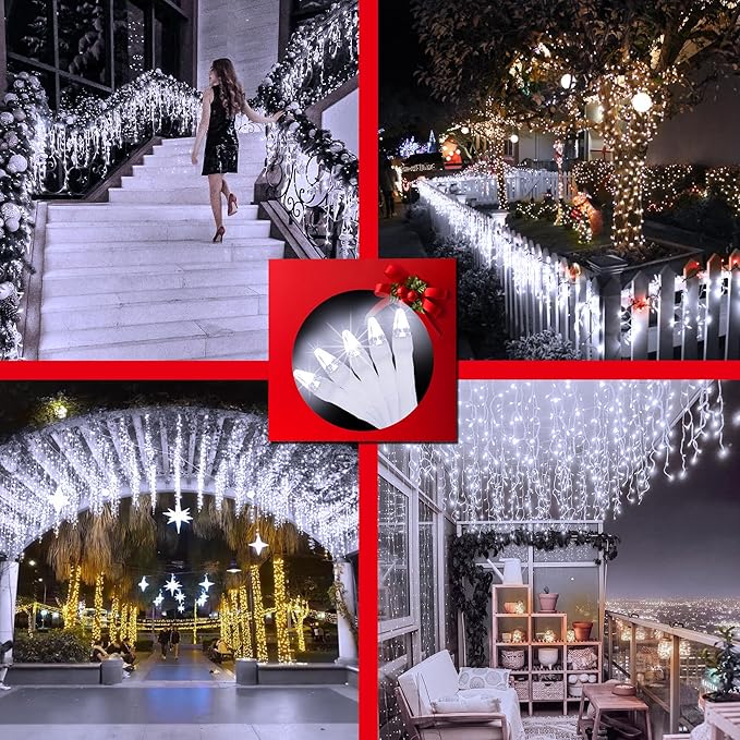 792 LED Christmas Outdoor Lights with 176 Drops, 82ft Hanging Curtain Lights 8 Modes, Christmas Fairy Lighs with Timer & Memory for House Roof Holiday Wedding Holiday Decor (Cool White)