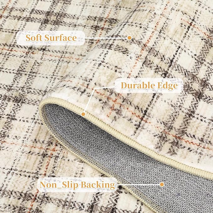 Washable 5x7 Soft Plaid Traditional Tartan Area Rug - Non Shedding, Non Slip, Stain Resistant, for Living Room, Bedroom, Nursery, Office - Beige