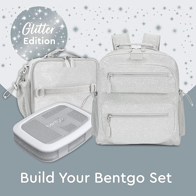 Bentgo Kids Glitter Backpack - Lightweight 14” Backpack for School, Travel & Daycare, Ideal for Ages 4+, Durable & Water-Resistant, Roomy Interior, & Loop for Lunch Bag (Glitter Edition - Silver)