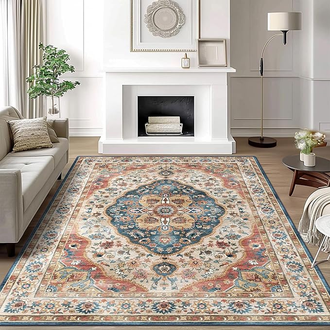 vivorug 8x10 Area Rugs for Living Room, Non-Slip Backing Washable Rug 8x10, Beige Large Area Rug Soft Carpet for Bedroom Dining Room, Vintage, Easy Clean, Durable, Low Pile Rug Under Table