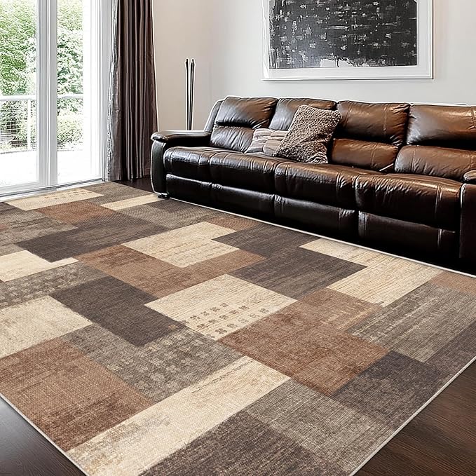 Modern Geometric Patchwork Indoor Area Rug for Living Room, Beige 4'x 6' Large Rug Rockwood Collection Hardwood Floors Decor for Bedroom, Beige Throw Carpet for Office Entryway Dining Room