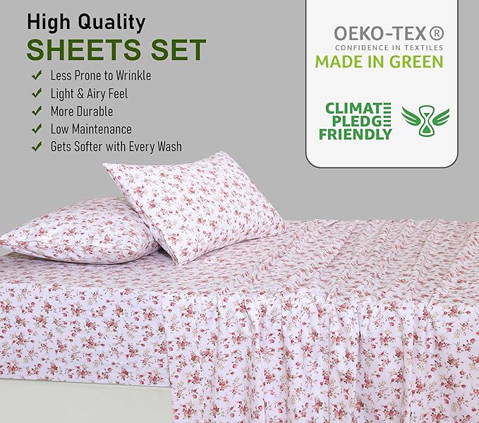 RUVANTI 100% Cotton Split King Sheets Sets for Adjustable Bed, 5 PCs, Soft & Breathable Percale Weave Bedding, Deep Pocket 16", Hotel Standard, Crisp Cool Feel & Durable, Floral Sheet, Bouquet