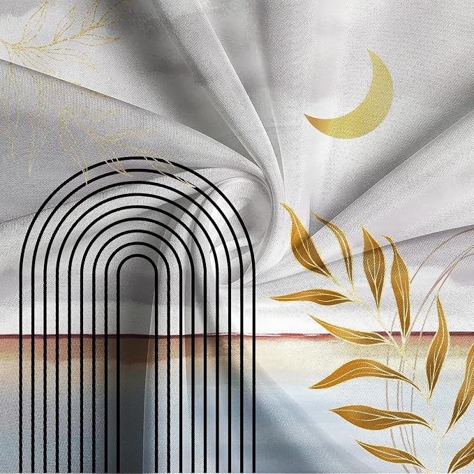 Mid Century Boho Shower Curtain Abstract Modern Minimalist Geometric Arch Bathroom Curtain Gold Leaves Aesthetic Waterproof Bath Decor Polyester Fabric with Hooks 60x72 inch
