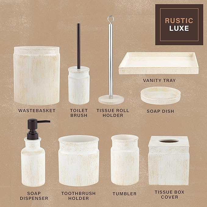 Creative Scents Rustic Luxe Bathroom Accessory Set - 6 Piece Modern Bathroom Sets Accessories Features: Toilet Brush and Holder, Tissue Cover, Soap Dispenser, Toothbrush Holder, Soap Dish & Tumbler