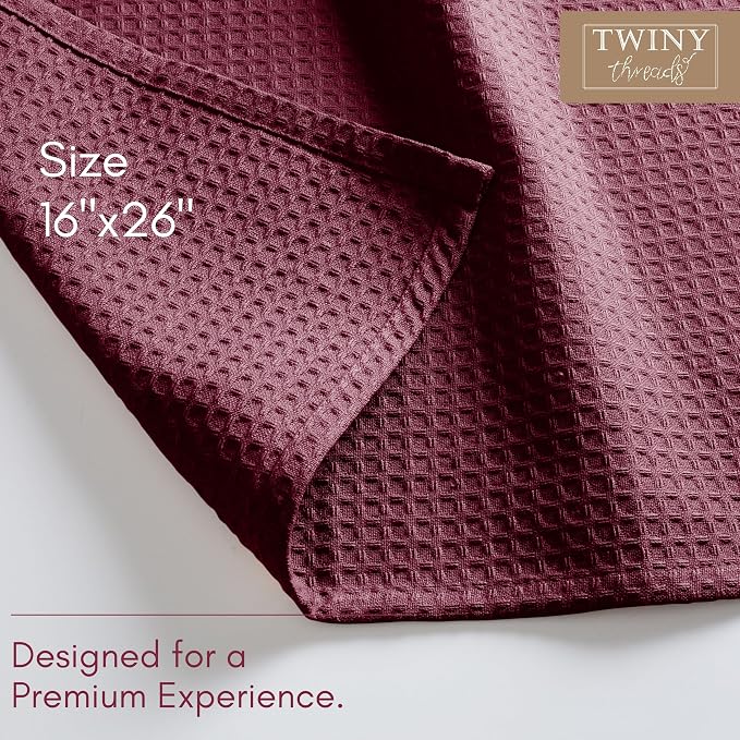 TWINY threads Dish Towel Waffle Weave, Set of 4, 16x26 Inch, Premium Large 100% Cotton Kitchen Linen Pack, Absorbent Cloths for Drying Dishes, Cookware, Quick Drying, Machine Washable, Burgundy Wine