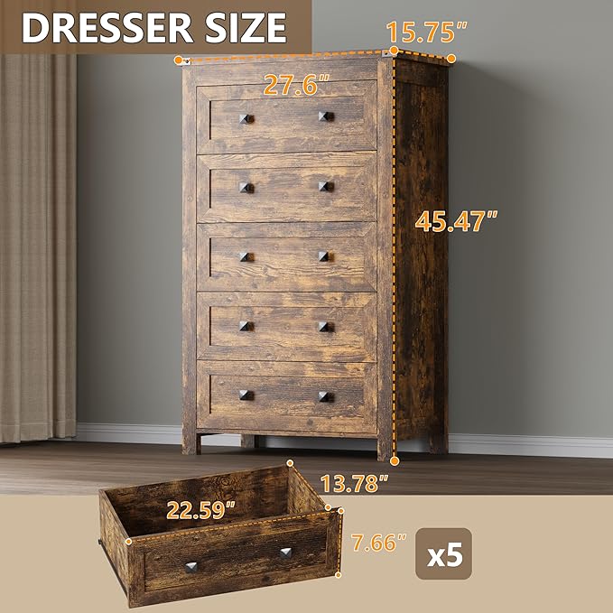 BORNOON Tall 5-Drawer Dresser, Modern Wooden Storage Chest of Drawers, Dresser TV Stand, Wood Drawer Organizer with Metal Handles for Bedroom, Living Room, Hallway