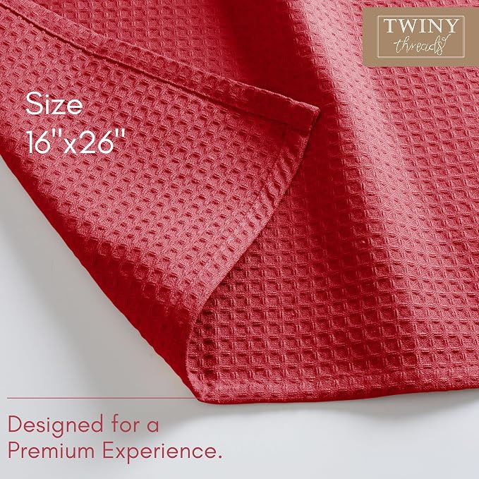 TWINY threads Waffle Dish Towel, 4 Pack, 16x26 Inch, Premium Large 100% Cotton Kitchen Linen Set, Absorbent Cloth for Drying Dishes, Cookware, Quick Drying, Reusable & Machine Washable Wash Rags, Red