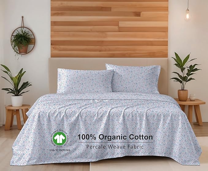 RUVANTI 100% Organic Cotton Sheets Queen Size, Percale Weave, GOTS Certified, 4-Piece Set, Deep Pocket 15", Crisp & Breathable, Soft Durable Bedding, Sábanas Algodón Orgánico – Multi Paisley