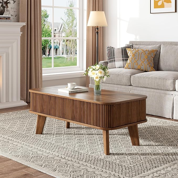 LCVTND Fluted Lift Top Coffee Table with Storage, Modern Wood Coffee Table Retro Center Table with Hidden Lifting Table Top Compartment for Living Room, Home, Office, Walnut