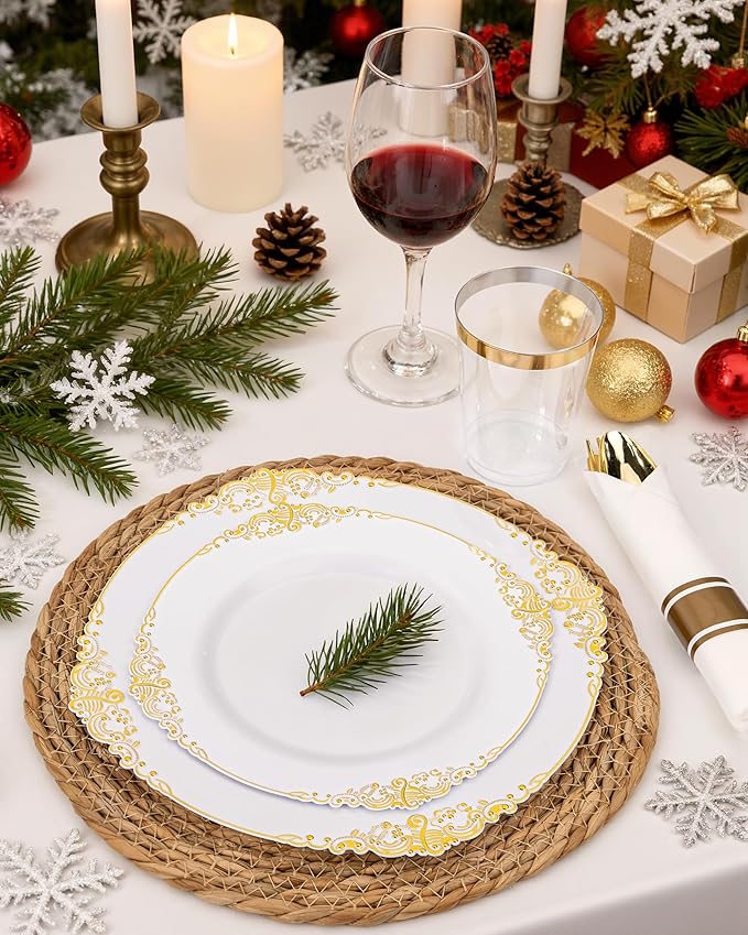 Nervure 700PCS Gold Plastic Plates - Gold Plastic Dinnerware Sets for 100 Guests - 200 Disposable Plates, 300 Silverware, 100 Cups, 100 Napkins for Wedding & Party & Thanksgiving
