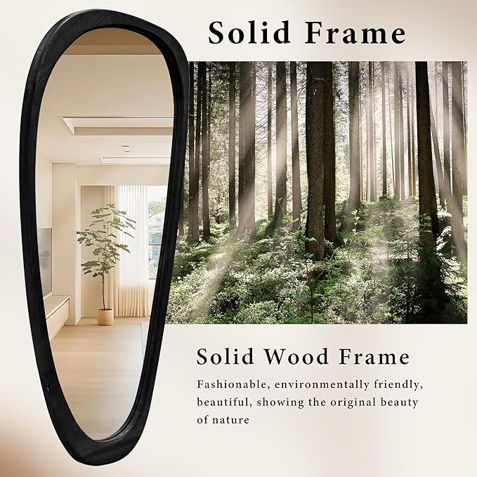 48''x22'' Asymmetrical Mirror with Wood Frame Black, Small Irregular Wall Mirror Odd Shaped, Mid Century Modern Mirror Decor for Bedroom Living Room Entryway Hall