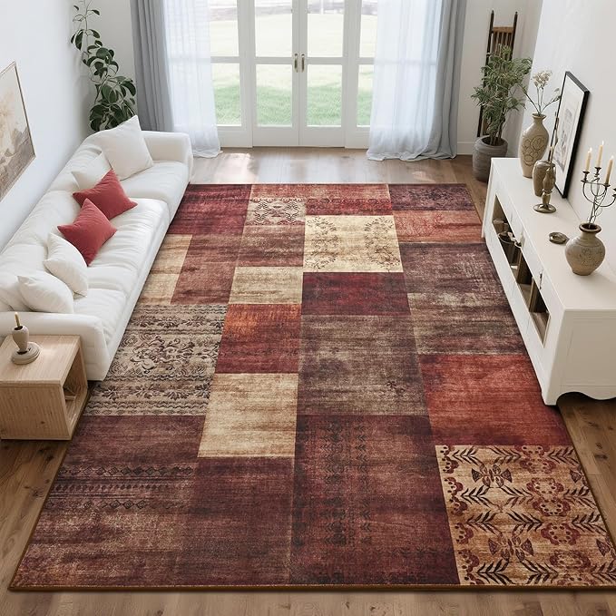 Tepook Modern Area Rug for Living Room, 4x6 Geometric Large Rugs for Bedroom, Washable Patchwork Rug Indoor Non-Slip Throw Carpets for Dining Room Office Farmhouse Home Decor, Red