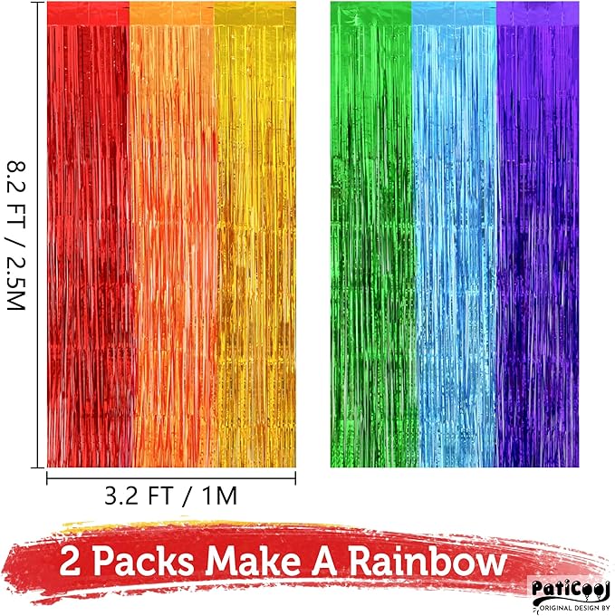 Thicken Rainbow Streamers 2 Pack 3.2 x 8.2 FT for Rainbow Birthday Party Decorations, Tinsel Backdrop Curtains, Foil Fringe Photo Backdrop for Fiesta, Mexican, Pride, Baby Shower Decorations
