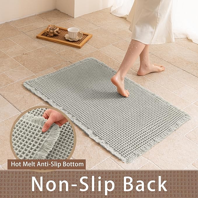 Waffle Bath Mat Non Slip, Boho Bathroom Rug, Super Absorbent Quick Dry Bathroom Mat, Soft Farmhouse Bath Rug with Tassels, Small Washable Shower Mats for Floor 16"x24", Light Grey