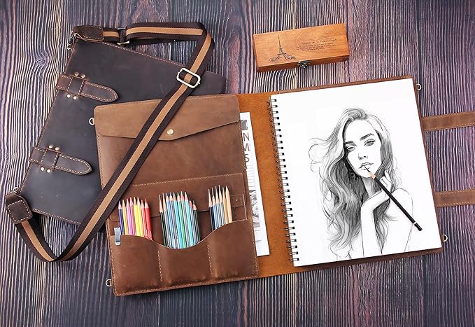 Robrasim Handmade Leather Sketchbook Cover, Artist Sketch Pad Holder for 11"X14" Sketchbook, Drawing Book and Pencil Case, Journal Notebook Portfolio with Shoulder Strap, Artist Gifts, Brown