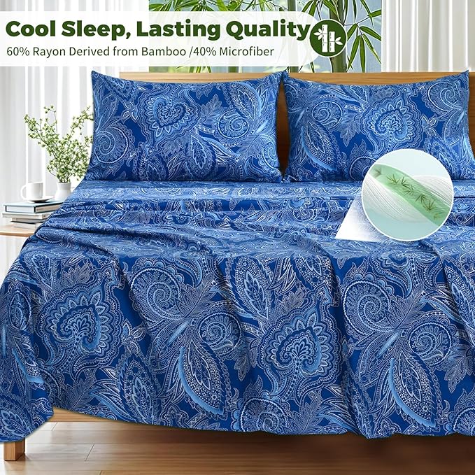 Bedlifes Twin Floral 3-Piece Sheet Set - Cooling Sheets Blend Rayon Derived from Bamboo,Soft & Breathable, Deep Pocket 16", Wrinkle Resistant - Paisley Dark Navy Blue