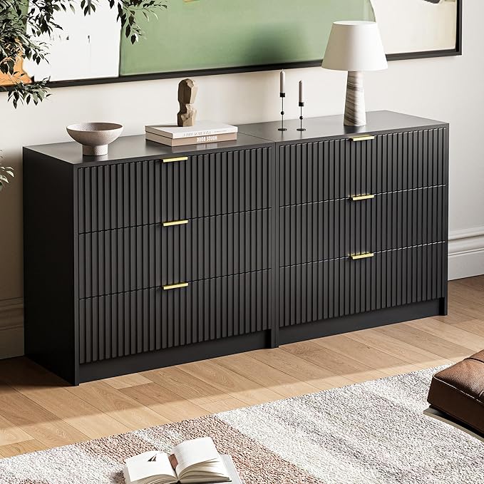 3-Piece Dresser Bedroom Set, 5 Drawer Dresser & 3 Drawer Nightstands with Gold Handles, Fluted Wood Chest of Drawers for Bedroom, Living Room, Entryway, Black