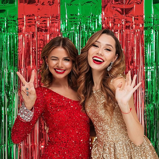3 Pack Christmas Party Decorations, Red and Green Tinsel Foil Fringe Curtains,Ugly Sweater theme Photo Booth Prop Streamer Backdrop decor Indoor outdoor Party Supplies for Happy New Year party