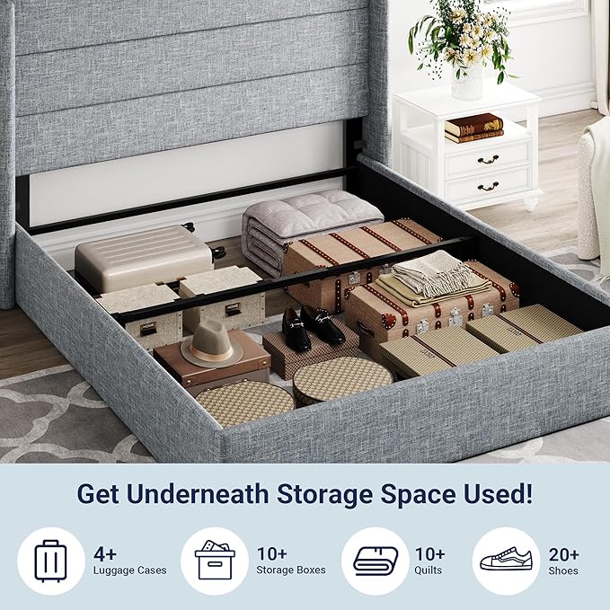 Allewie Queen Size Lift Up Storage Bed, Modern Wingback Headboard, Hydraulic Support, No Box Spring Needed, Grey Blue