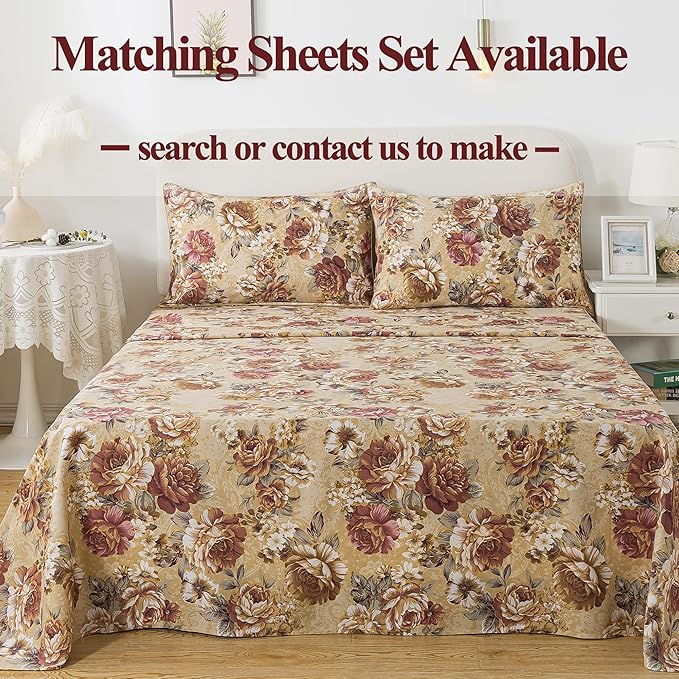 FADFAY Duvet Cover Sets Queen Tan Peony Floral Bedding Shabby Brown Flower Comforter Cover Set Vintage Farmhouse Bedding 100% Cotton Soft Quilt Cover with Hidden Zipper Closure 3 Pieces, Queen Size