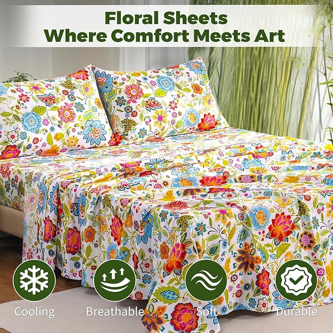 Bedlifes Extra Deep Pocket 18-24" Queen 4-Piece Sheet Set - Cooling Sheets Blend Rayon Derived from Bamboo Soft & Breathable Floral Spring Design