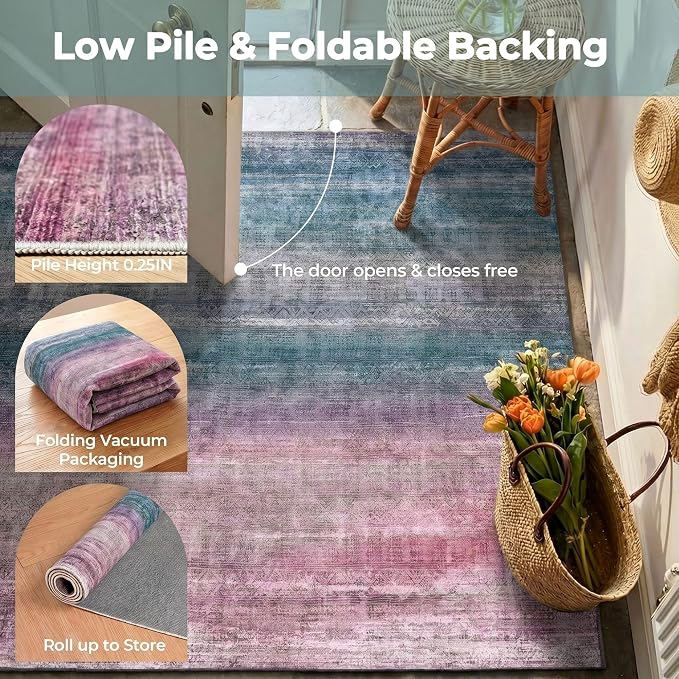 Kokia Abstract Area Rugs 8x10 Bedroom Soft Living Room Rugs Washable Distressed Vintage Comfy Red Carpet with Non-Slip Backing for Farmhouse Home Office Room Decor, Oslo Orchid