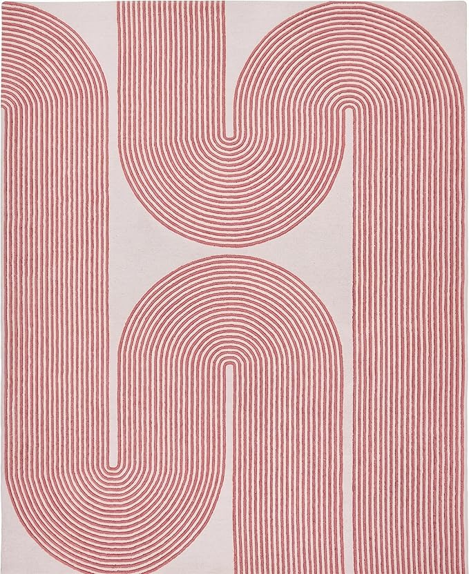 Modern Handmade Wool Area Rug, Abstract Curved Line Geometric Indoor Carpet for Living Room Bedroom, Contemporary Tufted Rug with Soft Pile and Cotton Backing (Dusty Rose, 3' x 5')