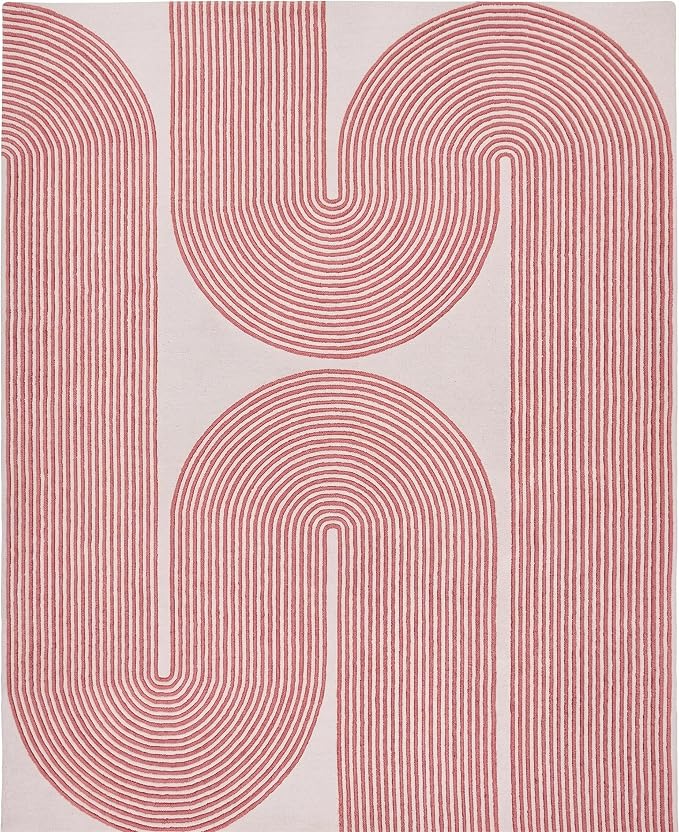 Modern Handmade Wool Area Rug, Abstract Curved Line Geometric Indoor Carpet for Living Room Bedroom, Contemporary Tufted Rug with Soft Pile and Cotton Backing (Dusty Rose, 8' x 12')
