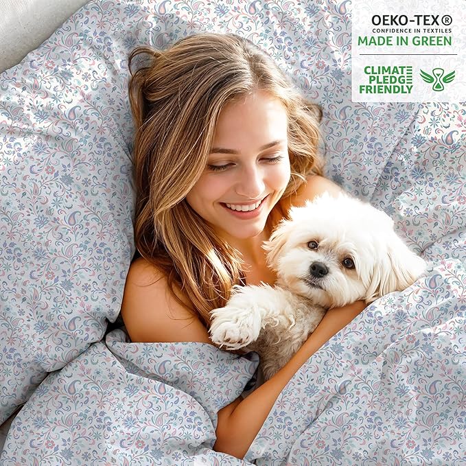 RUVANTI 100% Organic Cotton Sheets Split King, Percale Weave, GOTS Certified, 5-Piece Set, Deep Pocket 15", Crisp & Breathable, Soft Durable Bedding, Sábanas Algodón Orgánico – Multi Paisley