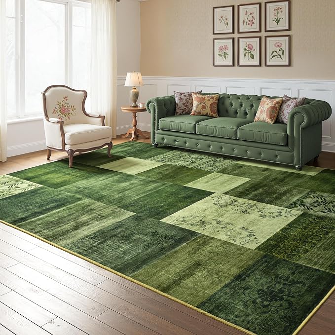 Tepook 5x7 Green Area Rugs for Living Room, Modern Large Geometric Rug for Bedroom, Washable Patchwork Rug Indoor Non Slip Throw Carpets for Dining Room Office Farmhouse Home Decor