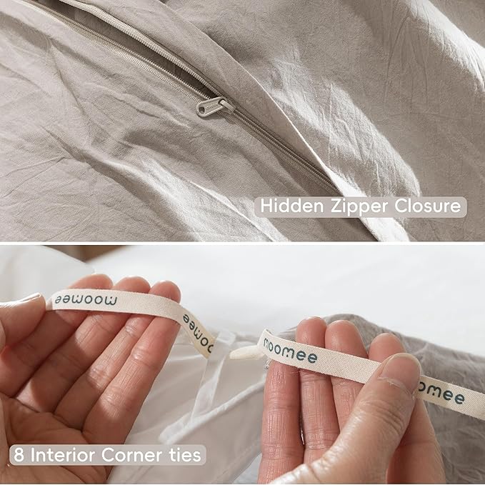 MooMee Bedding Duvet Cover Set 100% Washed Cotton Linen Like Textured Breathable Durable Soft Comfy (Solid Light Tan, Super King Plus 120"x120")