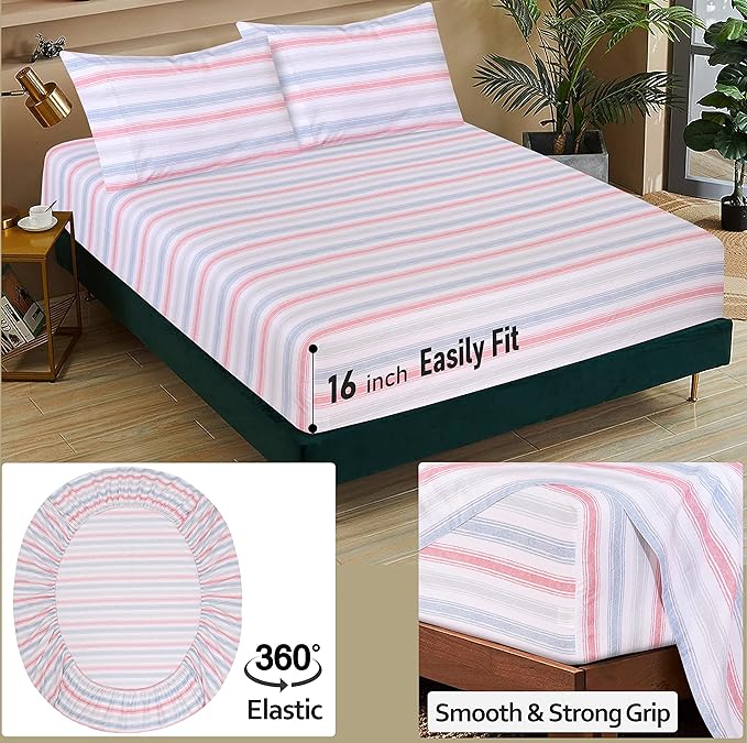 RUVANTI 100% Cotton King Size Sheets Set, 4 Pieces, Soft & Breathable Percale Weave Bedding, Deep Pocket 16", Hotel Standard, Crisp Cool Feel, Durable, Perfect Striped Bed Sheet, Times